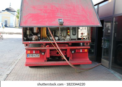 Tampere, Finland - August 18, 2020: The Beer Distribution Car Fills The Restaurant’s Beer Tank.