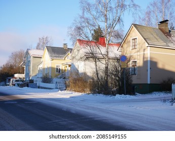 Tampere, Finland - December 1 2021: Documentary Of Everyday Life And Place. Street View At Pispala In Winter.