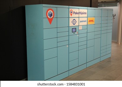 Tampere, Finland - December 10 2019: Automated Self Service Post Terminal Machine Or Locker To Deposit A Parcel For Storage.