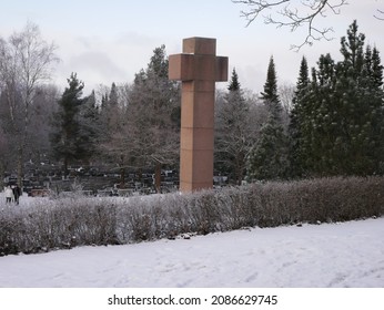 Tampere, Finland - December 6 2021: Documentary Of Everyday Life And Place. Hero Monument In Kalevankangas Cemetery.