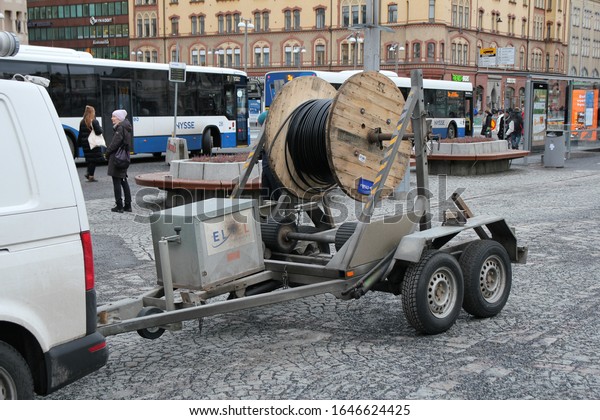 Tampere, Finland - February 11 2020: Cable reel\
Trolley on Central\
Square.