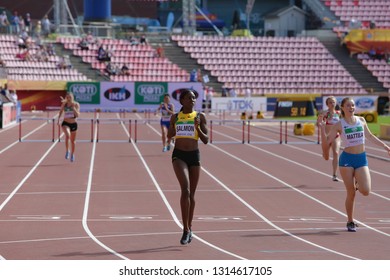 TAMPERE, FINLAND, July 11: Athletes Running 400 Metres Hurdles In The IAAF World U20 Championship In Tampere, Finland 11 July, 2018.