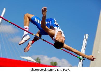 TAMPERE, FINLAND,  July 14: ANTONIOS MERLOS from Greece wins high jump event on IAAF World U20 Championship Tampere, Finland 14th July, 2018. - Shutterstock ID 1139750393