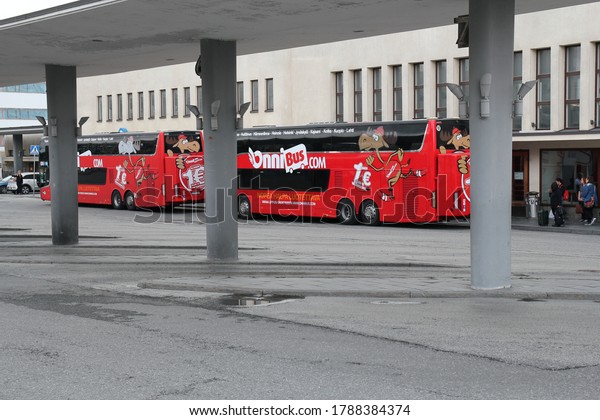 Tampere,\
Finland - July 28 2020: Documentary of everyday life and place.\
Onnibus buses in front of the bus\
station.