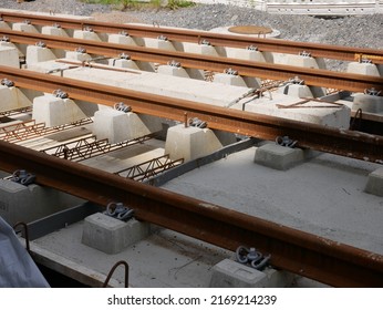 Tampere, Finland - June 16 2022: Documentary Of Everyday Life And Place. Tramway Construction Site In Santalahti Area. Rails Close Up.