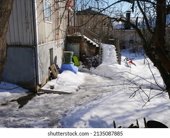 Tampere, Finland - March 12 2022: Documentary Of Everyday Life And Place. Street View At Pispala In Winter.