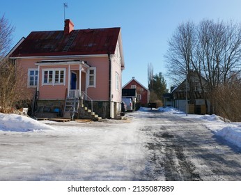 Tampere, Finland - March 12 2022: Documentary Of Everyday Life And Place. Street View At Pispala In Winter.