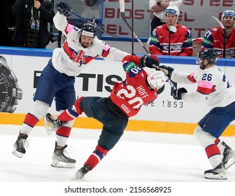 TAMPERE, FINLAND - MAY 15, 2022: HOFF Ludvig Of Norway And EHRHARDT Dallas Of Great Britain Fight During The 2022 IIHF Ice Hockey World Championship Match Between USA And Austria At The Nokia Arena.