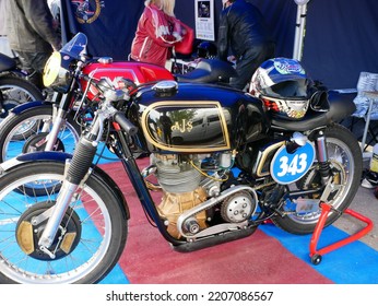 Tampere, Finland - September 11 2022: AJS 7R, 1952 Racing Motorcycle In The Pitstop Area At The Pyynikki Vintage Motorcycle Race.