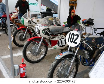 Tampere, Finland - September 11 2022: Yamaha And BSA Racing Motorcycles In The Pitstop Area At The Pyynikki Vintage Motorcycle Race.