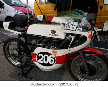 Tampere, Finland - September 11 2022: Yamaha Racing Motorcycle In The Pitstop Area At The Pyynikki Vintage Motorcycle Race.