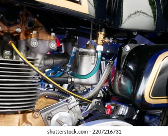 Tampere, Finland - September 11 2022: Close Up Of The Engine Of AJS Racing Motorcycle In The Pitstop Area At The Pyynikki Vintage Motorcycle Race.