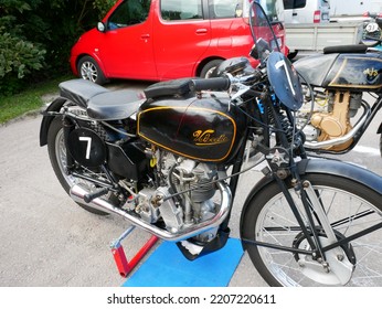 Tampere, Finland - September 11 2022: Velocette Racing Motorcycle In The Pitstop Area At The Pyynikki Vintage Motorcycle Race.