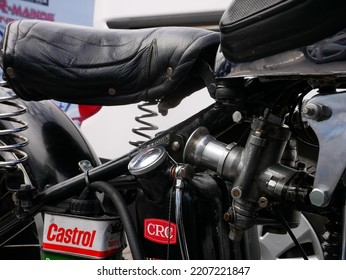 Tampere, Finland - September 11 2022: Close Up Of The Engine Of Ariel Racing Motorcycle In The Pitstop Area At The Pyynikki Vintage Motorcycle Race.