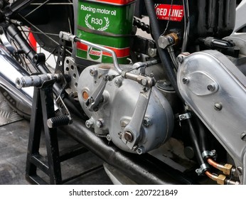 Tampere, Finland - September 11 2022: Close Up Of The Engine Of Ariel Racing Motorcycle In The Pitstop Area At The Pyynikki Vintage Motorcycle Race.