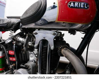 Tampere, Finland - September 11 2022: Close Up Of The Engine Of Ariel Racing Motorcycle In The Pitstop Area At The Pyynikki Vintage Motorcycle Race.