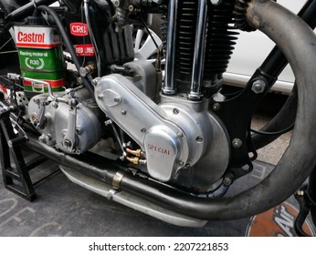 Tampere, Finland - September 11 2022: Close Up Of The Engine Of Ariel Racing Motorcycle In The Pitstop Area At The Pyynikki Vintage Motorcycle Race.