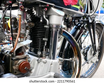 Tampere, Finland - September 11 2022: Racing Motorcycle In The Pitstop Area At The Pyynikki Vintage Motorcycle Race. Close Up Of NSU Engine.