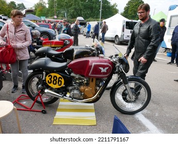 Tampere, Finland - September 11 2022: Racing Motorcycle In The Pitstop Area At The Pyynikki Vintage Motorcycle Race. Close Up Of AJS Engine