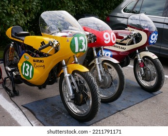 Tampere, Finland - September 11 2022: Racing Motorcycle In The Pitstop Area At The Pyynikki Vintage Motorcycle Race. Close Up Of AJS Engine