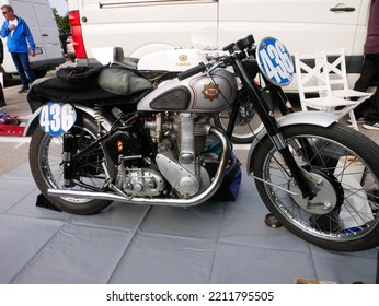 Tampere, Finland - September 11 2022: Racing Motorcycle In The Pitstop Area At The Pyynikki Vintage Motorcycle Race. BSA ZB 32 Gold Star 1952 Race Motorbike.