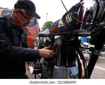 Tampere, Finland - September 11 2022: Racing Motorcycle In The Pitstop Area At The Pyynikki Vintage Motorcycle Race. Close Up Of NSU Engine.