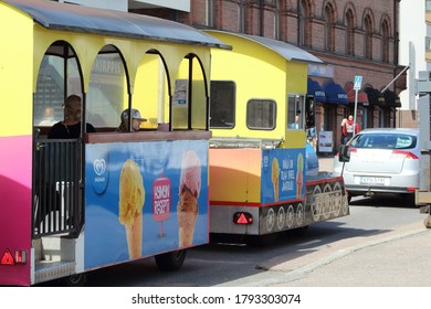 Tampere, Pirkanmaa/Finland - July 25 2020: The trackless train rides from amusing park are running in the sightseeing tour in downtown 