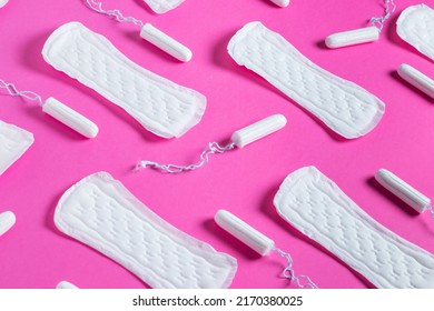 Tampons, Feminine Sanitary Pads Pattern On Pink Background. Hygiene Care During Critical Days. Menstrual Cycle. Caring For Women's Health. Monthly Protection.