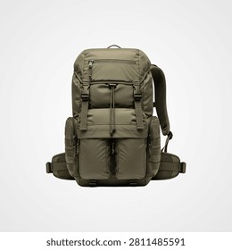 Tan canvas backpack with black straps and buckles isolated