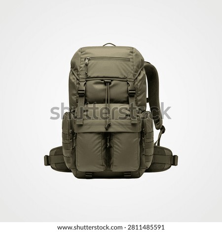 Tan canvas backpack with black straps and buckles isolated