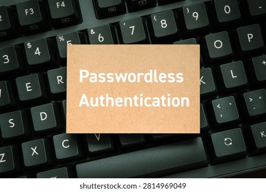 Tan card displaying 'Passwordless Authentication' text resting on a dark keyboard, symbolizing modern digital security and identity verification. Perfect eyecatcher for IT security and business technology articles.