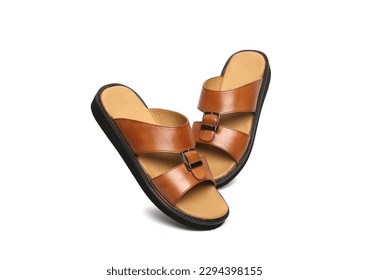 tan genuine leather sandals pair isolated