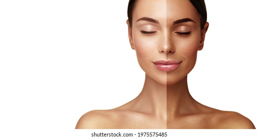 Tan. Half face tanned.. Woman skin before and after tan lotion or spray  - Shutterstock ID 1975575485