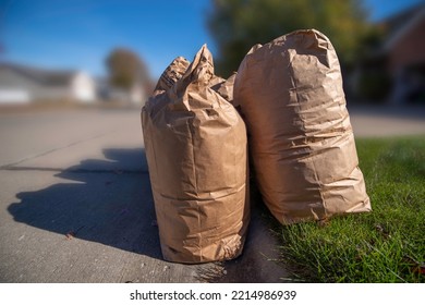 Tan Kraft Paper Double Walled Lawn And Leaf Bags Full Of Yard Waste Sit On Street Curb Waiting To Be Picked Up By Waste Hauler And Transported To Compost