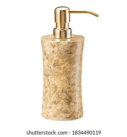 Tan Marble Soap Dispenser Pump Bottle Isolated On White Background. Skin Care Lotion. Bathing Essential Product. Red Shampoo Bottle. Bath & Body Lotion. Fine Liquid Hand Wash. Bathroom Accessories