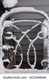 A Tan, Metal, Patio Chair Covered In Snow After An Early Snowfall In Autumn In Wisconsin, USA