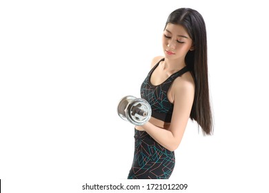 Tan Skin Asian Fitness Girl In Sexy Cute Sport Bra Black Spandex Pants Exercise Warm Up. Practice Dumbbell Lifting Posture. By Isolated White Background.