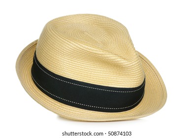 A Tan Straw Fedora Hat With A Black Stripe.