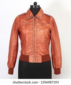 Tan Studded Ladies Leather Jacket Ladies Isolated