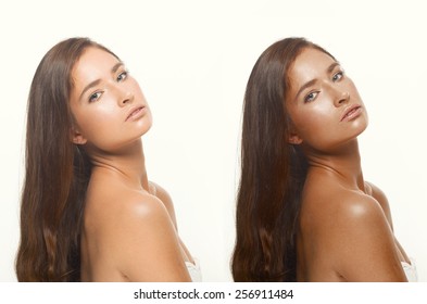 Tan Woman Before After Skin Portrait