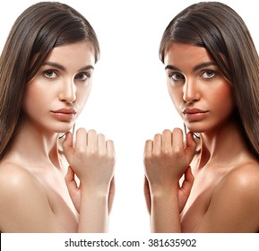 Tan woman before after skin portrait - Shutterstock ID 381635902