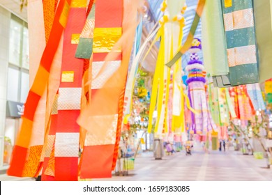 tanabata ornaments decorated over walking street, sendai, japan