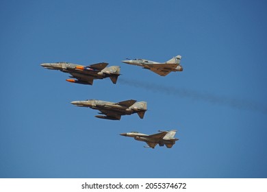TANAGRA, GREECE, SEPTEMBER 4, 2021. Zeus Demo Team of the Hellenic Air Force formation of four jet fighters, Mirage 2000 on top, two F4 in the middle and one F16 at bottom, at Athens Flying Week 2021