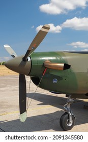 TANAGRA, GREECE, SEPTEMBER 4, 2021. Training Aircraft Beechcraft T6A Texan, With Three Blade Propeller,  During AFW Athens Flying Week Airshow 2021