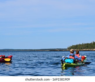 Tandem Kayakers Off The Bar Harbor Atlantic Coast Near Acadia National Park In Maine On A Wildlife Viewing Tour Seeing Harbor Seals And Other Animals.