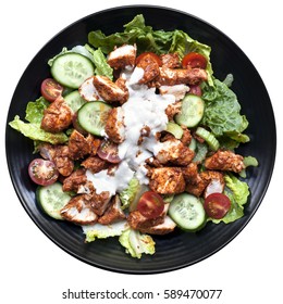 Tandoori Chicken Salad, Top View On Black Plate Isolated On White.