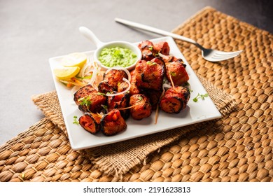 Tandoori Soya Chaap or soy chap dish prepared by marinating in tandoori spices, closeup view - Shutterstock ID 2191623813