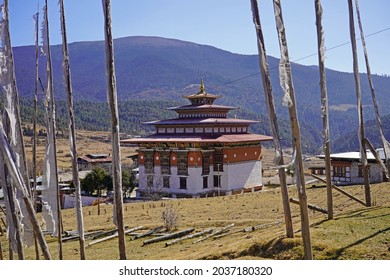 Tang Valley, Bhutan - 12.06.2019: Monastery And White Prayer Flags 