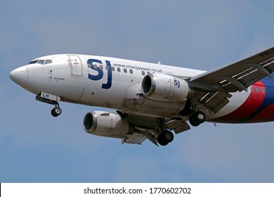 Tangerang, Banten / Indonesia - July 6th, 2020: Sriwijaya Air Boeing 737-524 PK-CLH Close Up