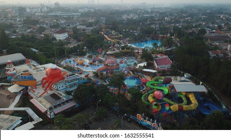 Tangerang, Indonesia - 12/01/2020
Aerial Video Drone Of Ocean Waterpark Amusement Park In BSD City Tangerang. Giant Octopus Statue, Giant Swimming Pool, Pirate